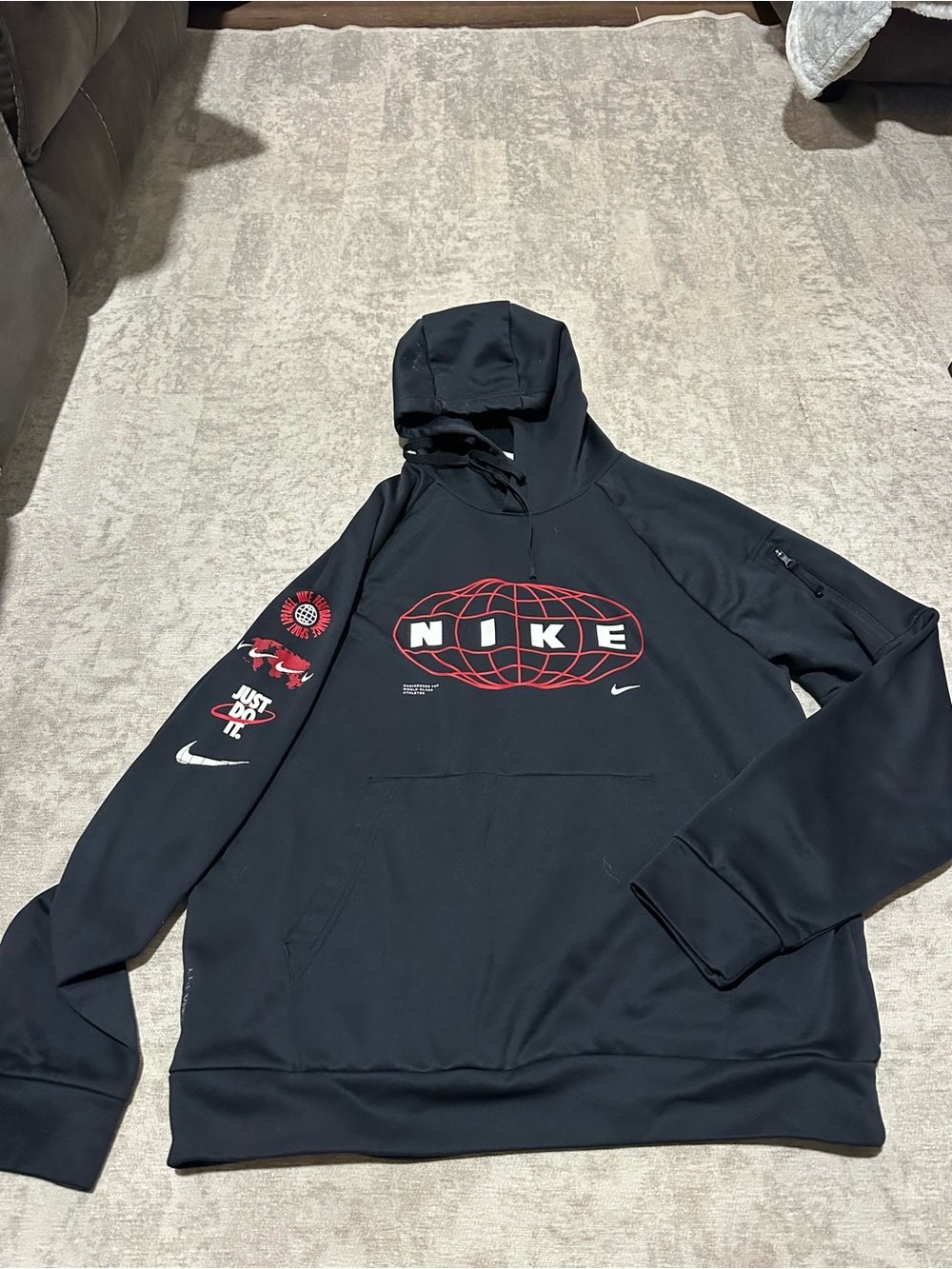 Nike Black Hoodie with Red Globe Graphic